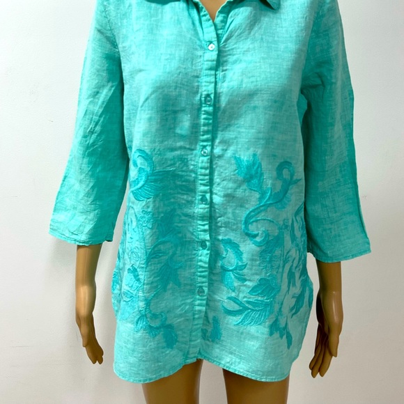 100% Linen Button Down Shirt Top 3/4 Sleeves - Picture 2 of 11